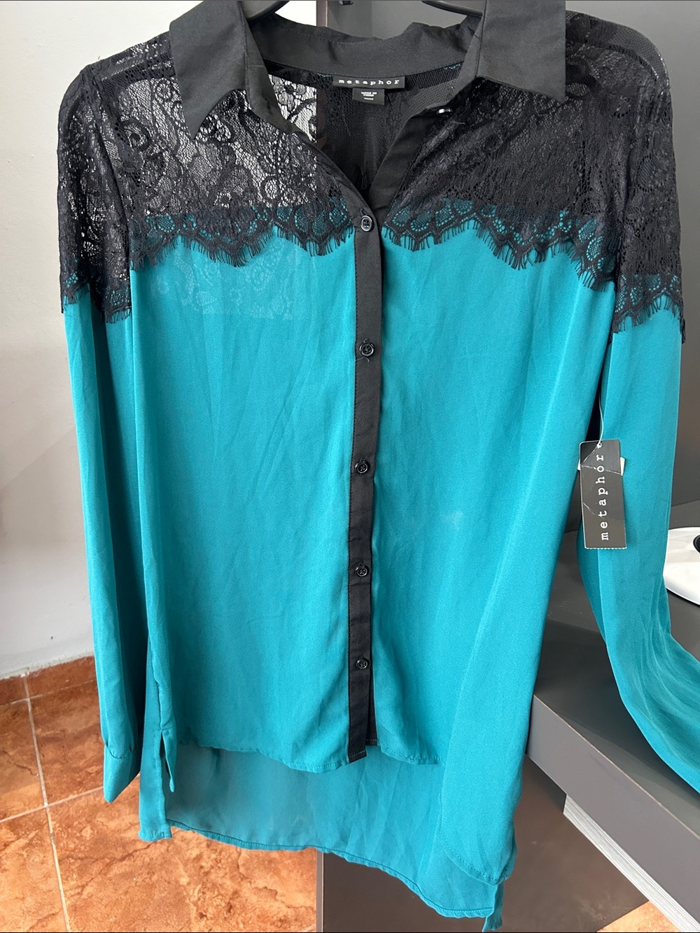 Metaphor Teal and Black Lace Button-Front Blouse